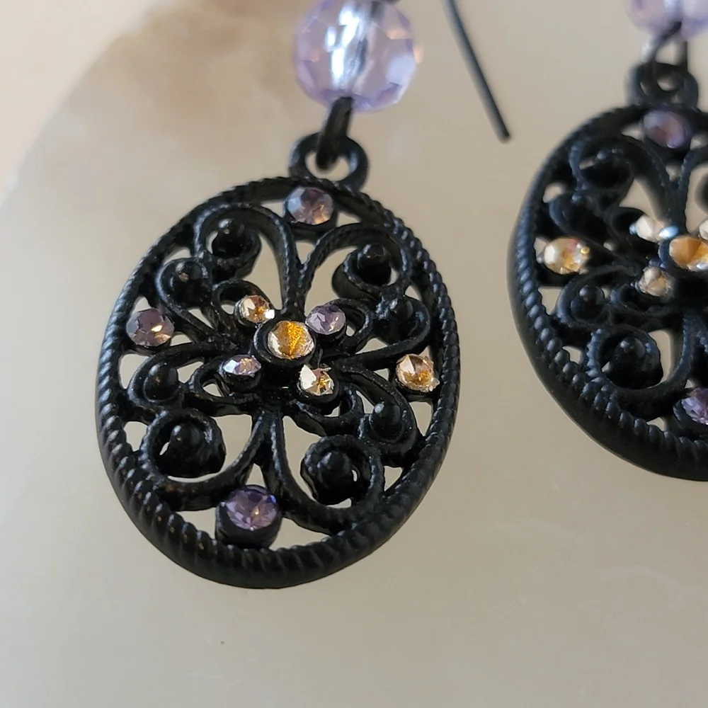 Black Floral Filigree Scrolls and Lilac Clear faceted Beads and Rhinestone